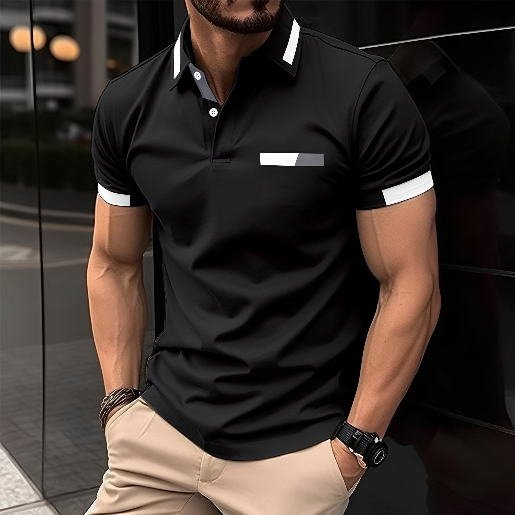 Men's Short Sleeve Polo Shirt with Contrast Collar and Slim Fit