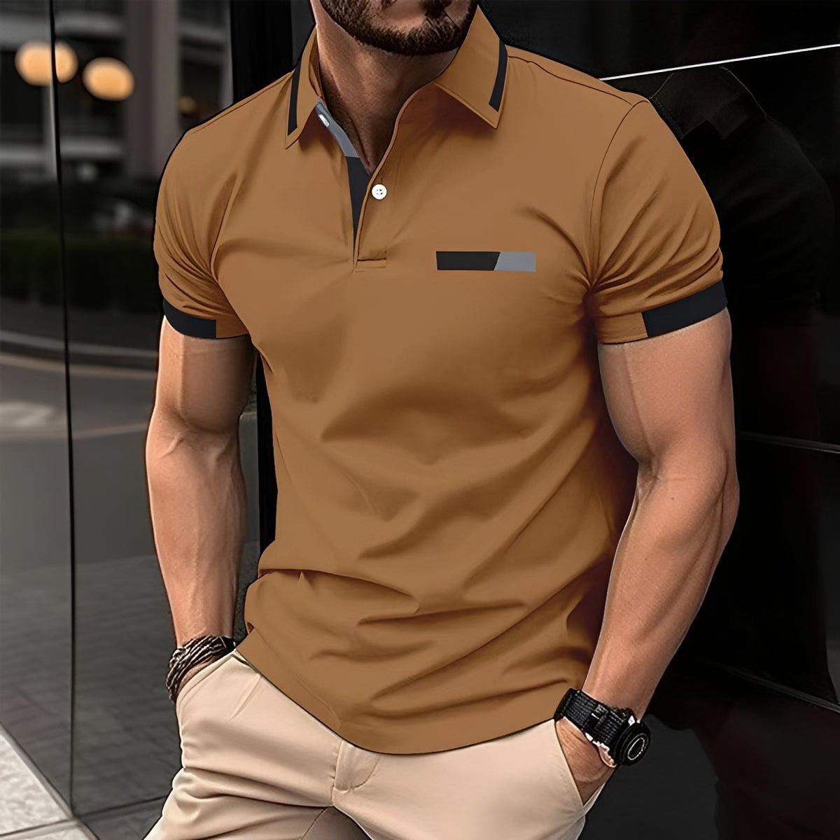 Men's Short Sleeve Polo Shirt with Contrast Collar and Slim Fit