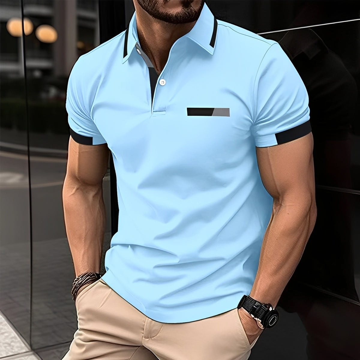 Men's Short Sleeve Polo Shirt with Contrast Collar and Slim Fit