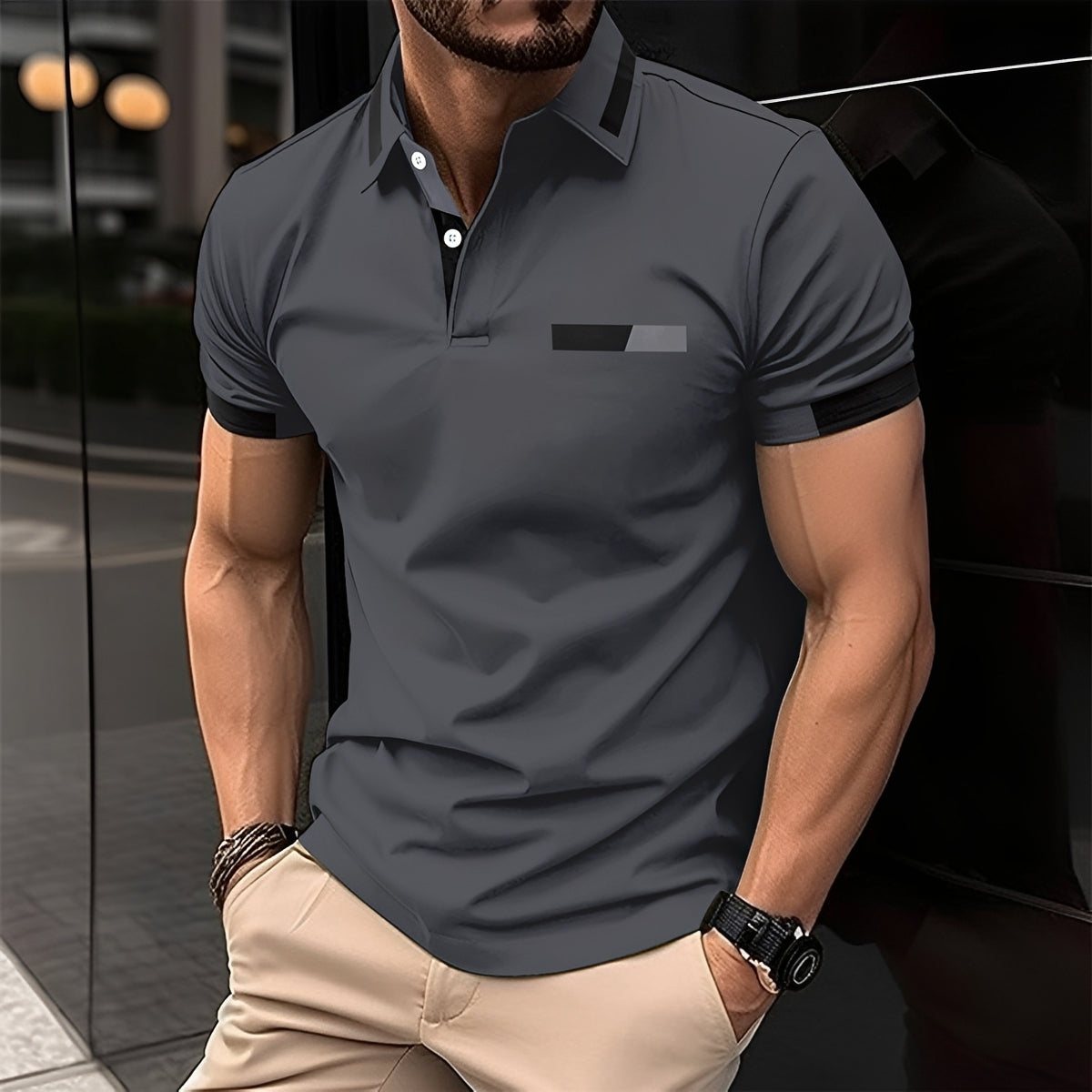 Men's Short Sleeve Polo Shirt with Contrast Collar and Slim Fit