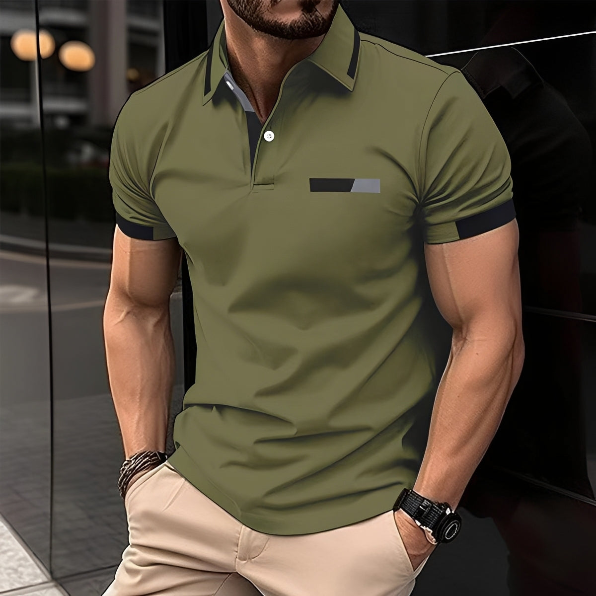 Men's Short Sleeve Polo Shirt with Contrast Collar and Slim Fit