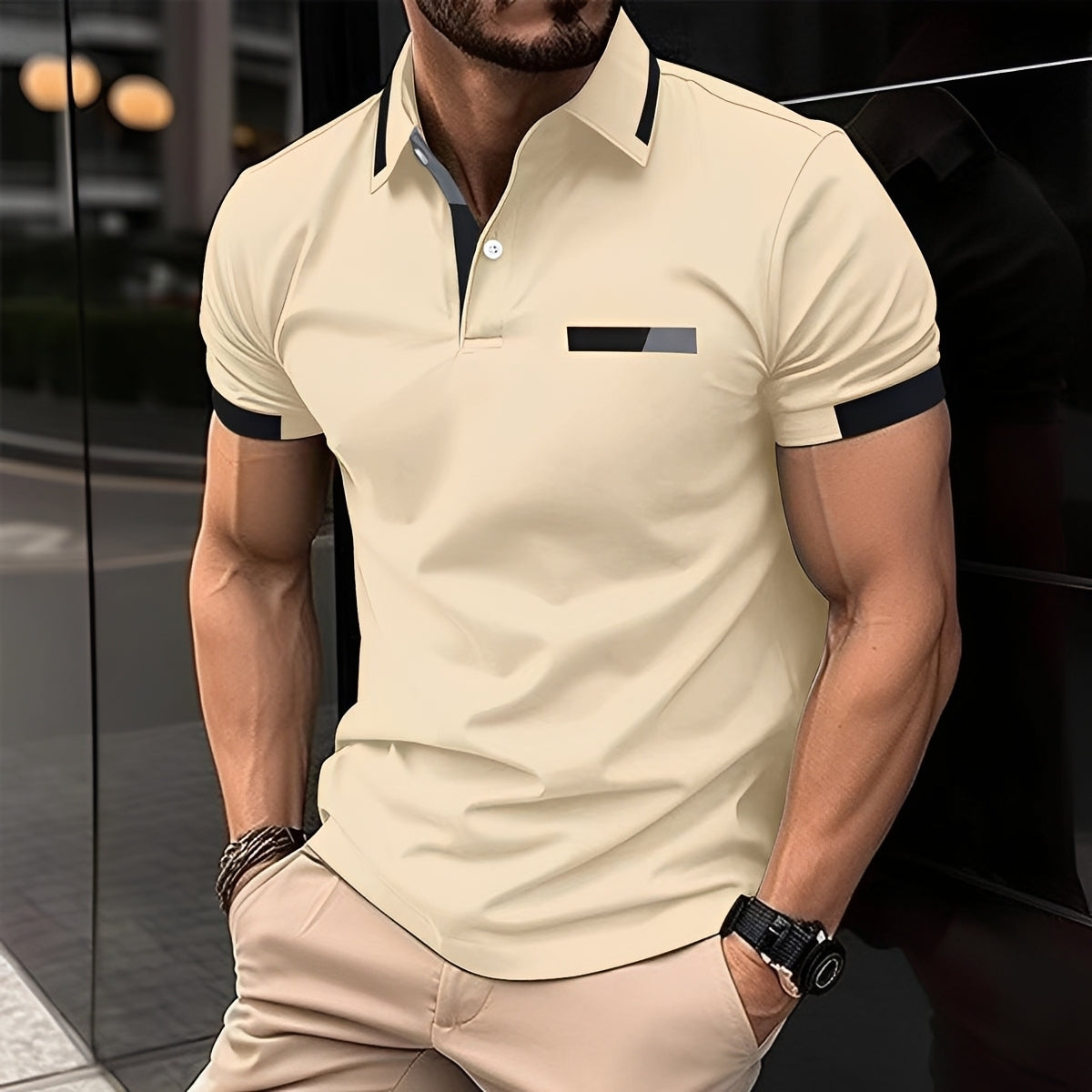 Men's Short Sleeve Polo Shirt with Contrast Collar and Slim Fit