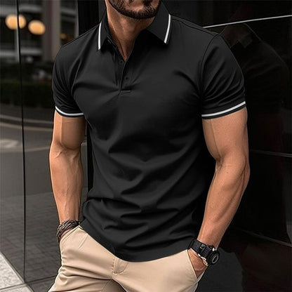Men's Short Sleeve Polo Shirt with Contrast Stripe Collar and Slim Fit ##POS:3##