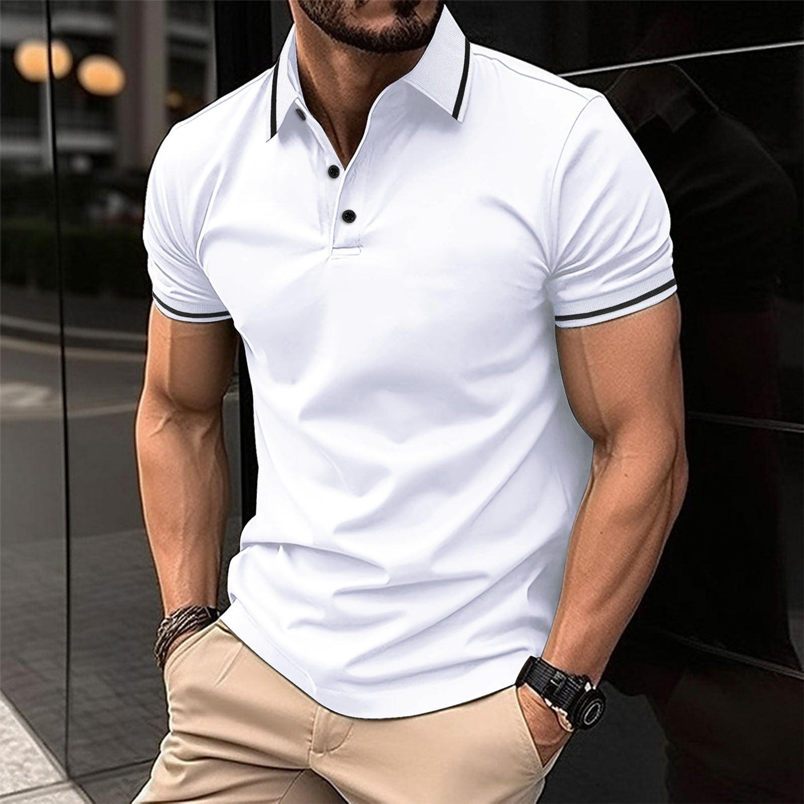 Men's Short Sleeve Polo Shirt with Contrast Stripe Collar and Slim Fit