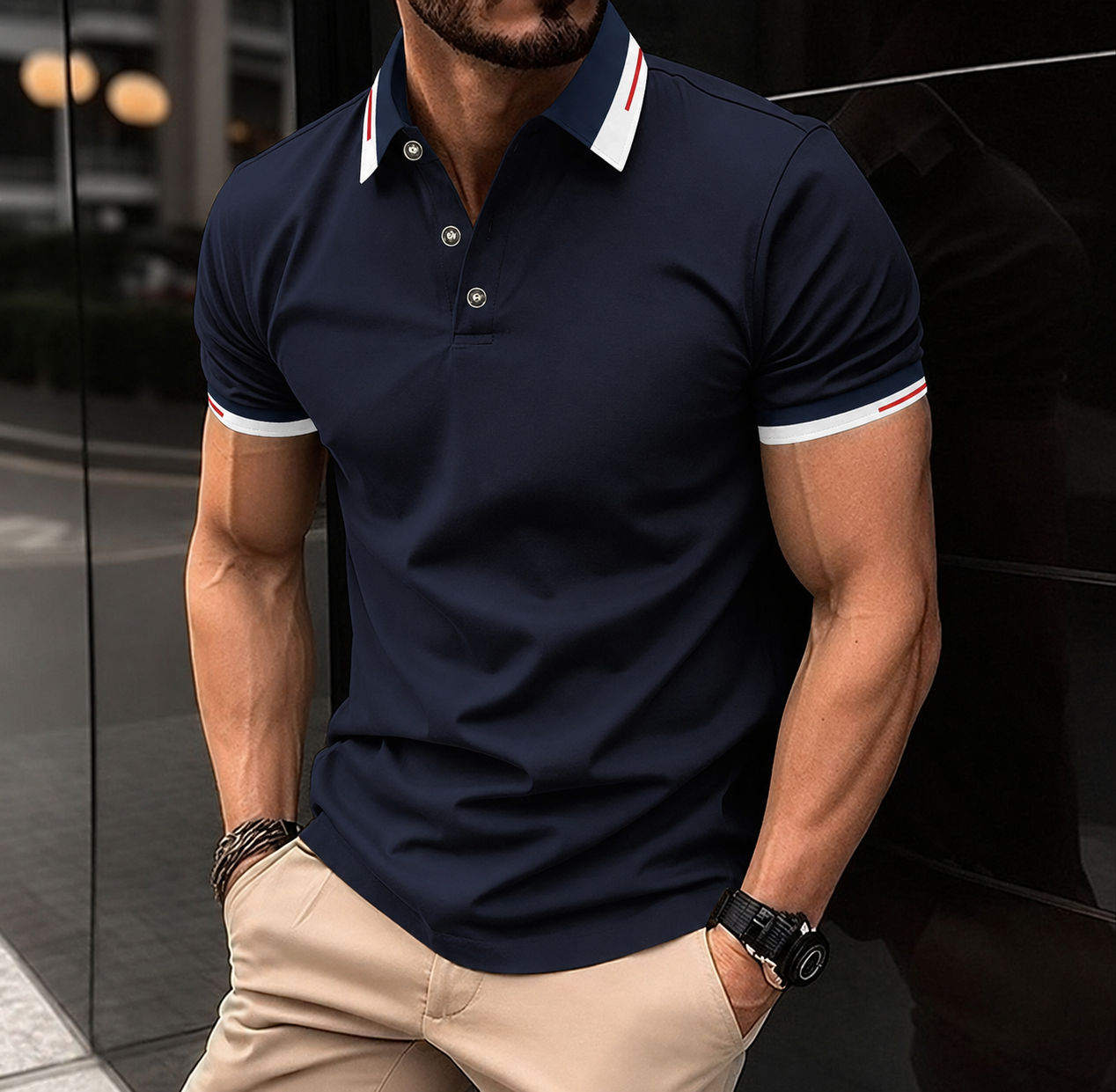 Men's Short Sleeve Polo Shirt with Contrast Stripe Collar and Slim Fit