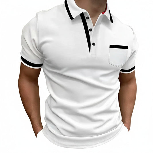 Men's Short Sleeve Polo Shirt with Contrast Trim and Chest Pocket