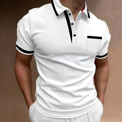 Men's Short Sleeve Polo Shirt with Contrast Trim and Chest Pocket