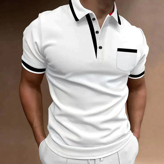 Men's Short Sleeve Polo Shirt with Contrast Trim and Chest Pocket