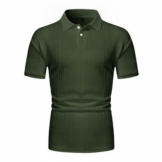 Men's Short Sleeve Polo Shirt with Diamond Texture and Button Collar