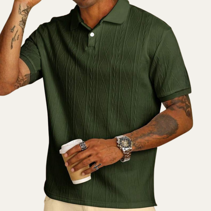 Men's Short Sleeve Polo Shirt with Diamond Texture and Button Collar
