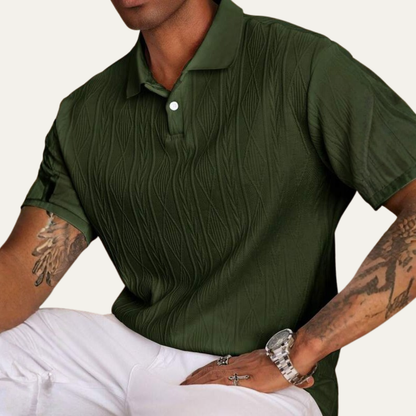 Men's Short Sleeve Polo Shirt with Diamond Texture and Button Collar