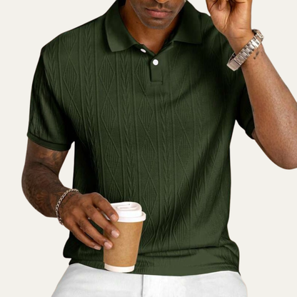Men's Short Sleeve Polo Shirt with Diamond Texture and Button Collar
