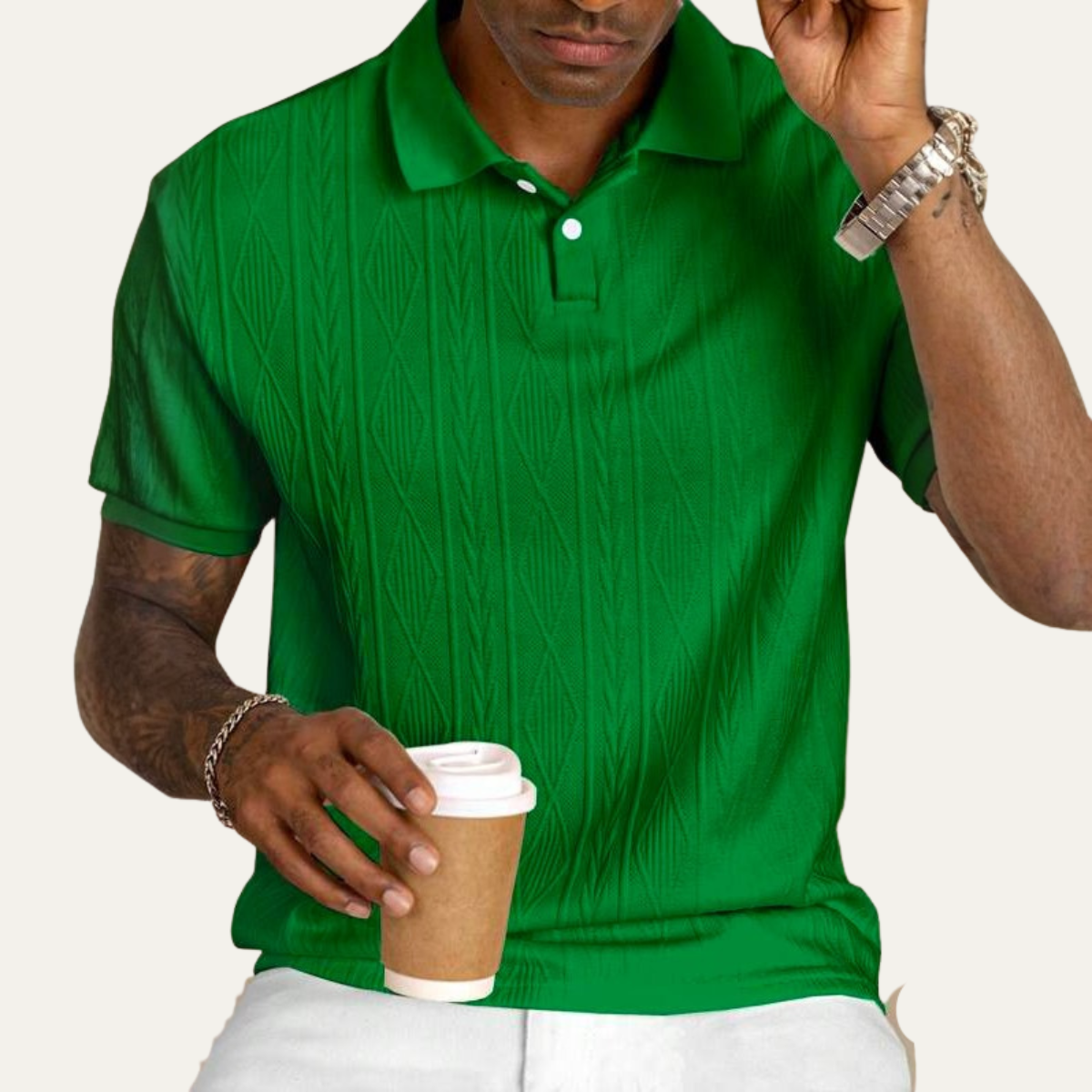 Men's Short Sleeve Polo Shirt with Diamond Texture and Button Collar