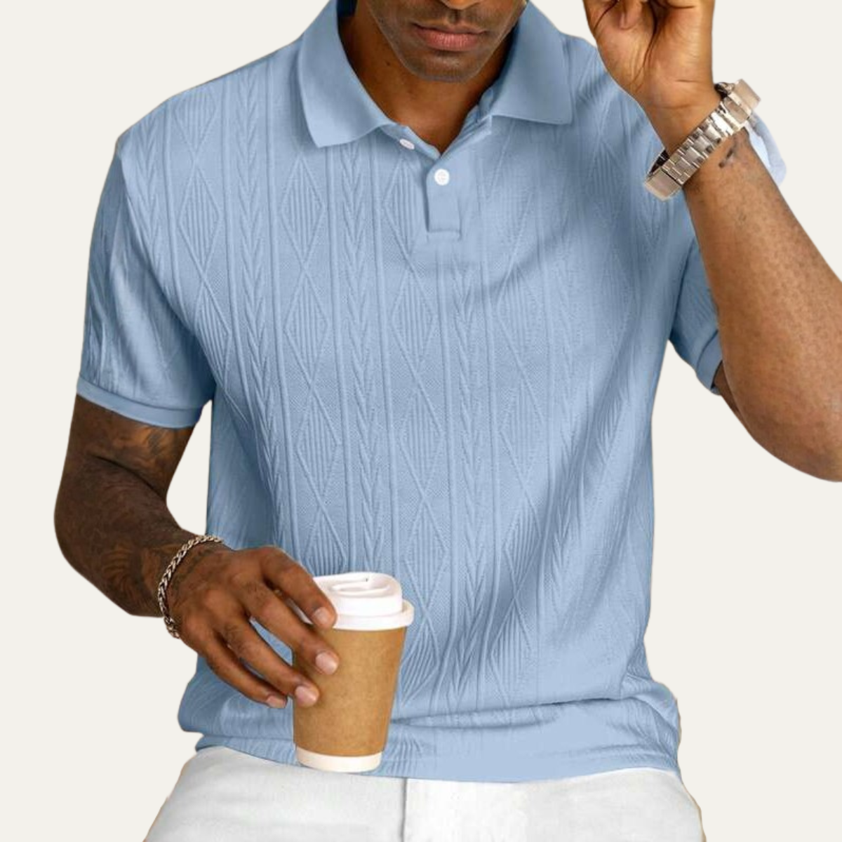 Men's Short Sleeve Polo Shirt with Diamond Texture and Button Collar