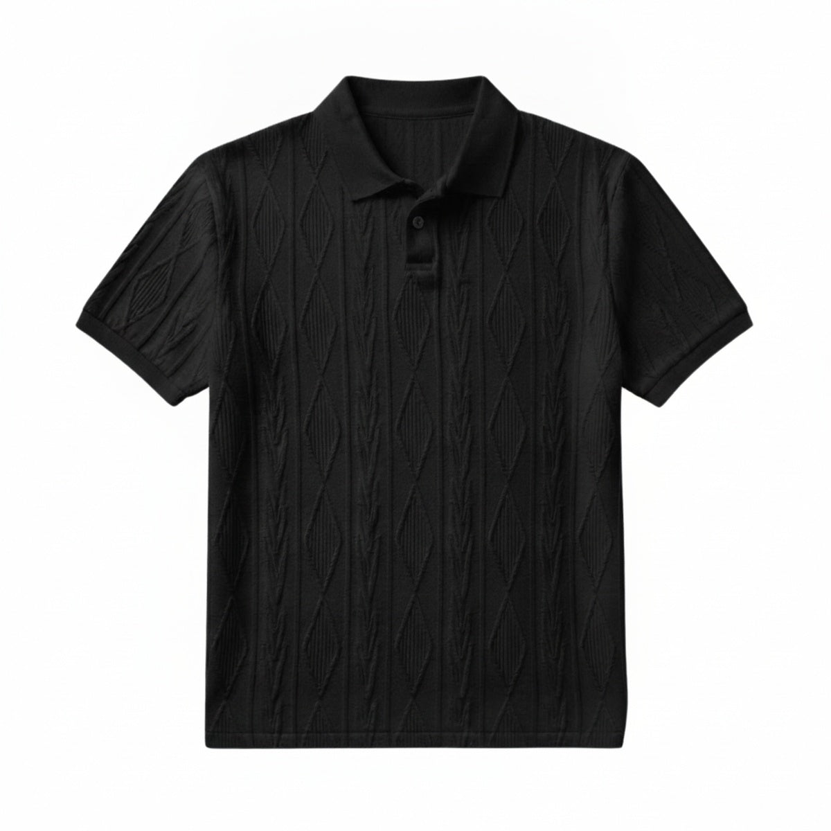 Men's Short Sleeve Polo Shirt with Diamond Texture Pattern and Button Collar