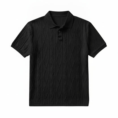 Men's Short Sleeve Polo Shirt with Diamond Texture Pattern and Button Collar