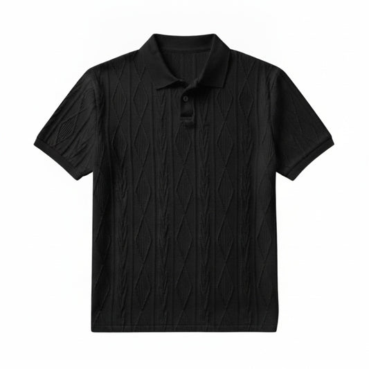 Men's Short Sleeve Polo Shirt with Diamond Texture Pattern and Button Collar