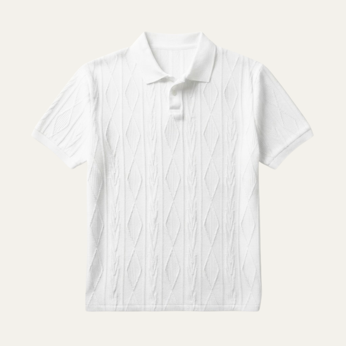Men's Short Sleeve Polo Shirt with Diamond Texture Pattern and Button Collar