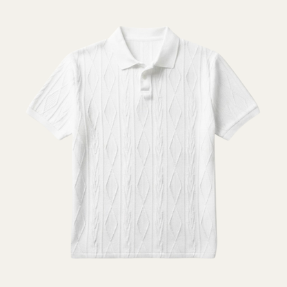 Men's Short Sleeve Polo Shirt with Diamond Texture Pattern and Button Collar