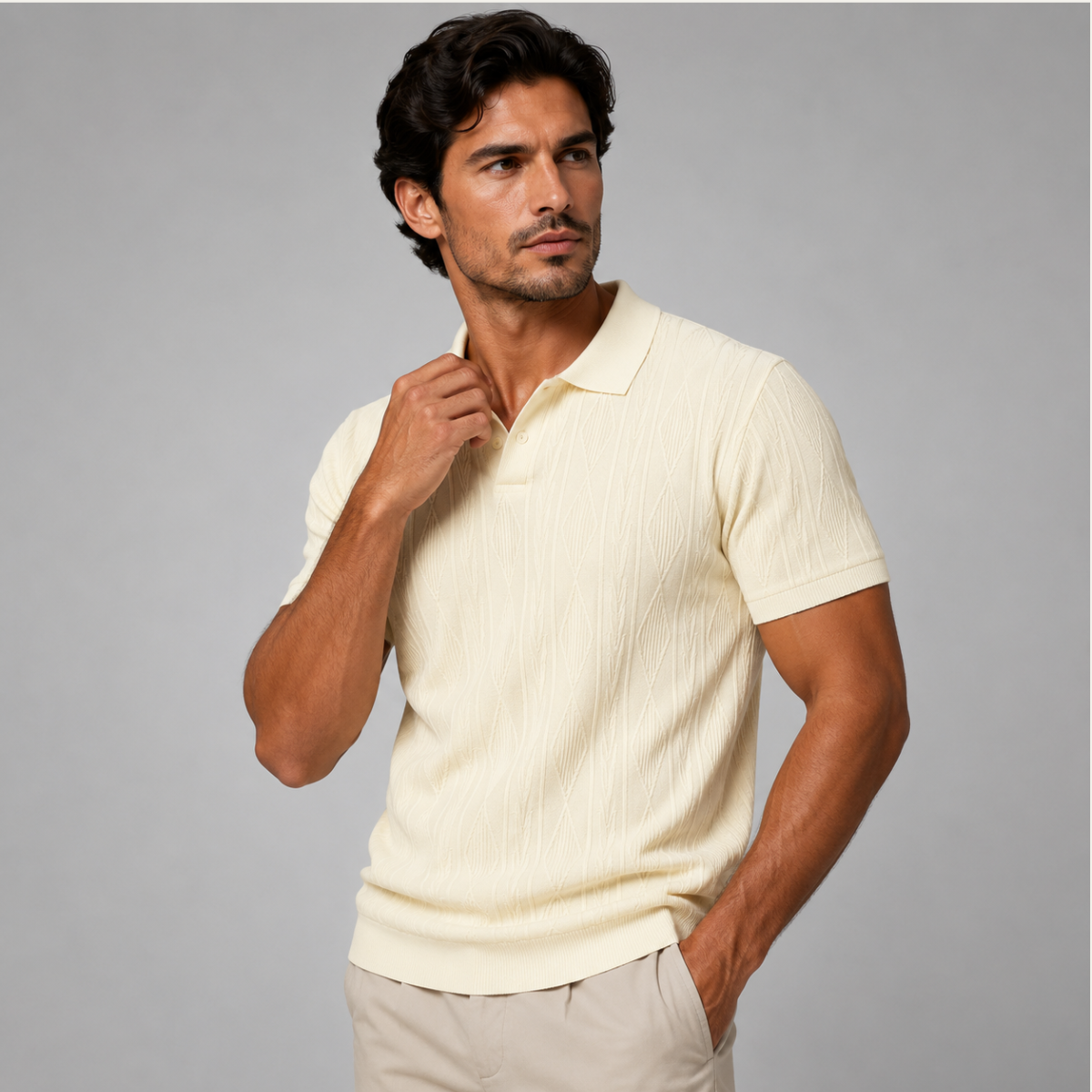 Men's Short Sleeve Polo Shirt with Diamond Texture Pattern and Button Collar