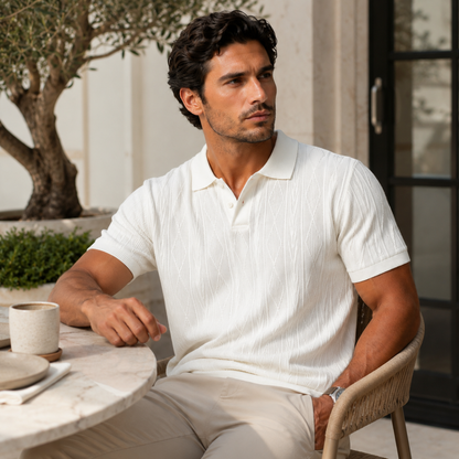 Men's Short Sleeve Polo Shirt with Diamond Texture Pattern and Button Collar