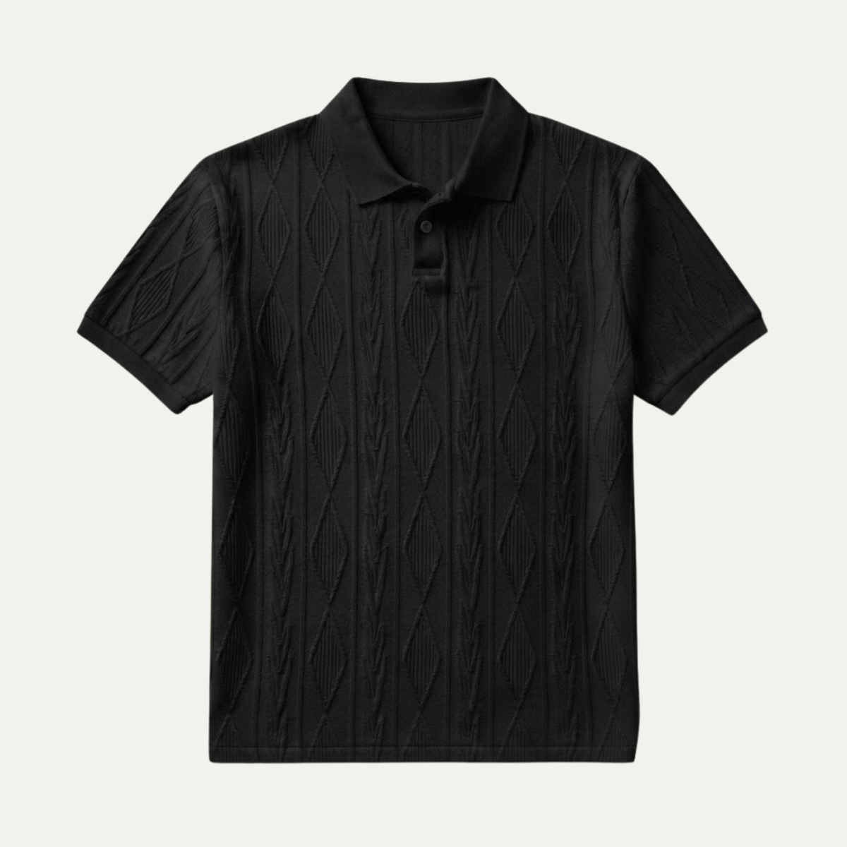 Men's Short Sleeve Polo Shirt with Diamond Texture Pattern and Button Collar