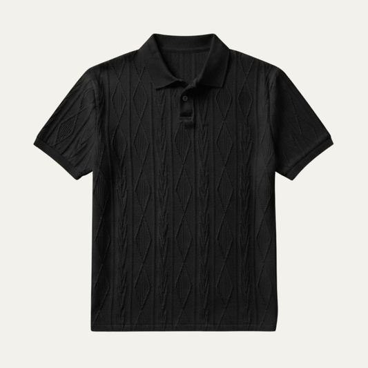 Men's Short Sleeve Polo Shirt with Diamond Texture Pattern and Button Collar