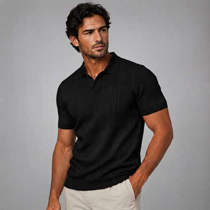 Men's Short Sleeve Polo Shirt with Diamond Texture Pattern and Button Collar