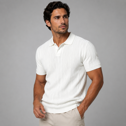 Men's Short Sleeve Polo Shirt with Diamond Texture Pattern and Button Collar
