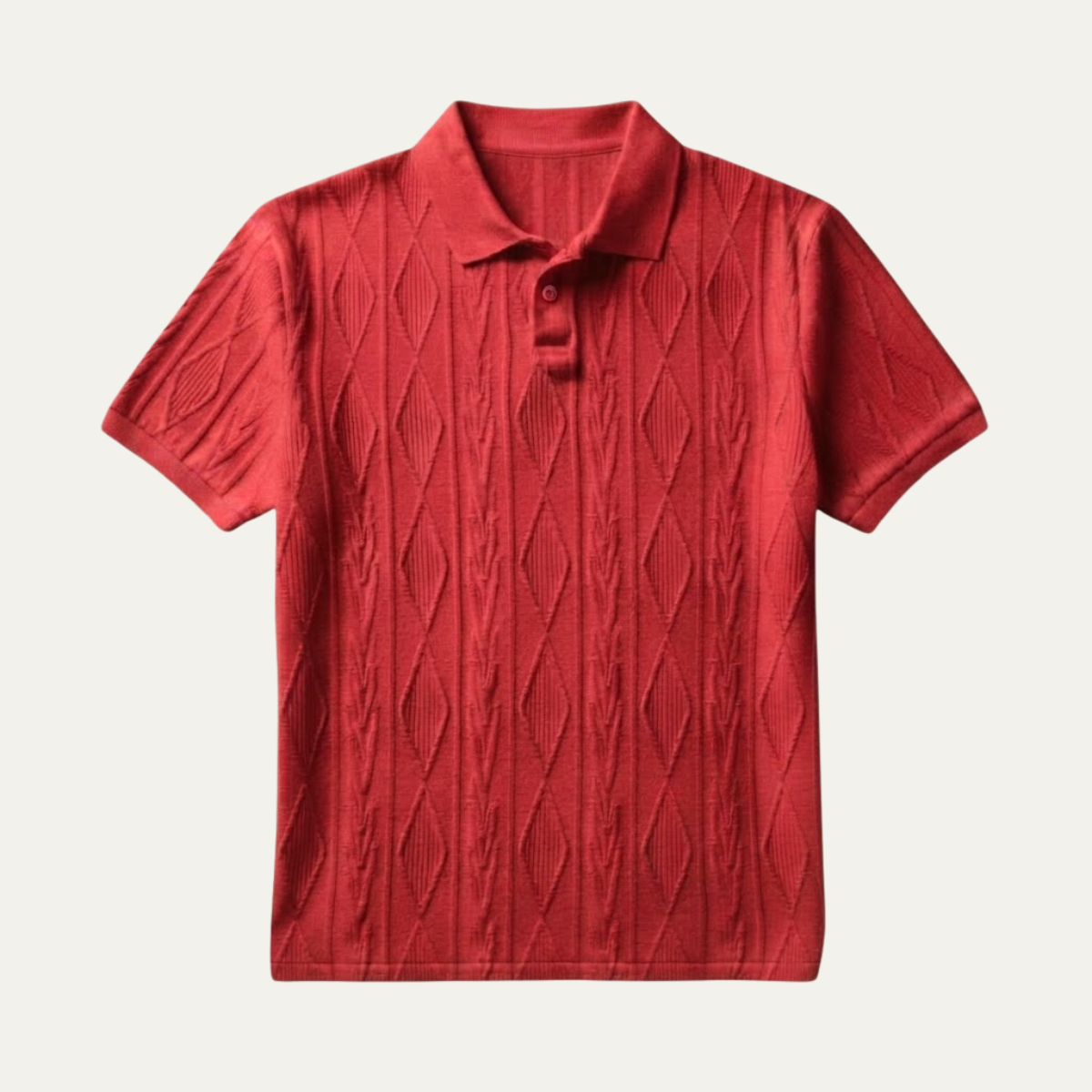 Men's Short Sleeve Polo Shirt with Diamond Texture Pattern and Button Collar