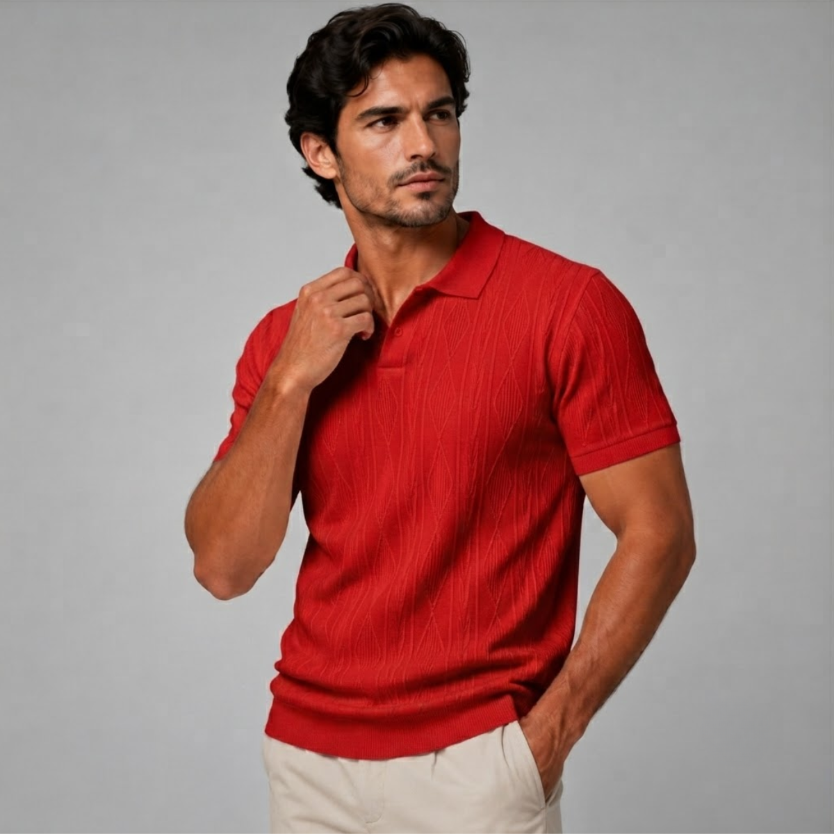Men's Short Sleeve Polo Shirt with Diamond Texture Pattern and Button Collar