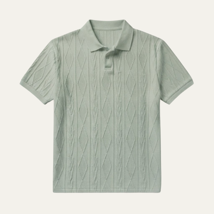 Men's Short Sleeve Polo Shirt with Diamond Texture Pattern and Button Collar