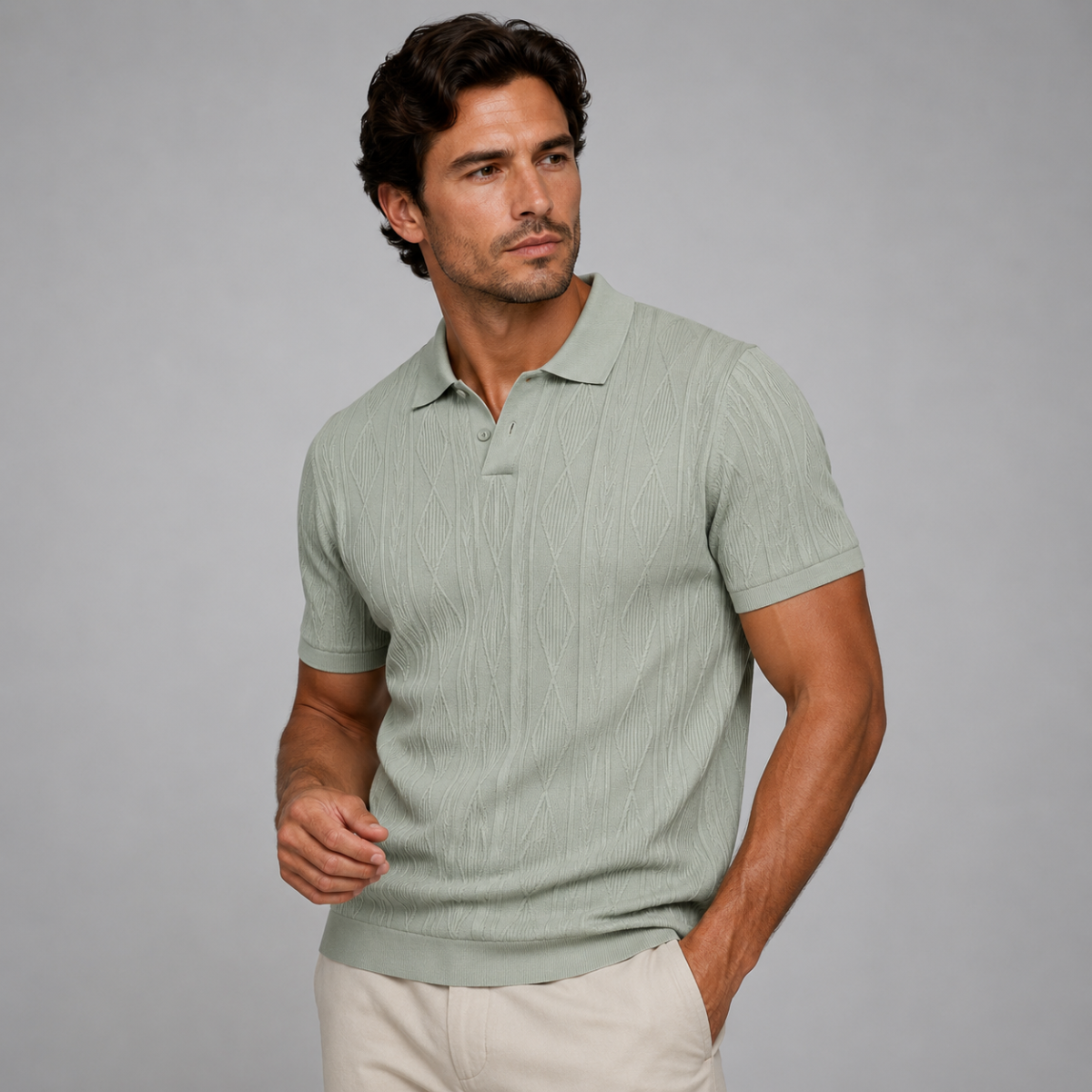Men's Short Sleeve Polo Shirt with Diamond Texture Pattern and Button Collar