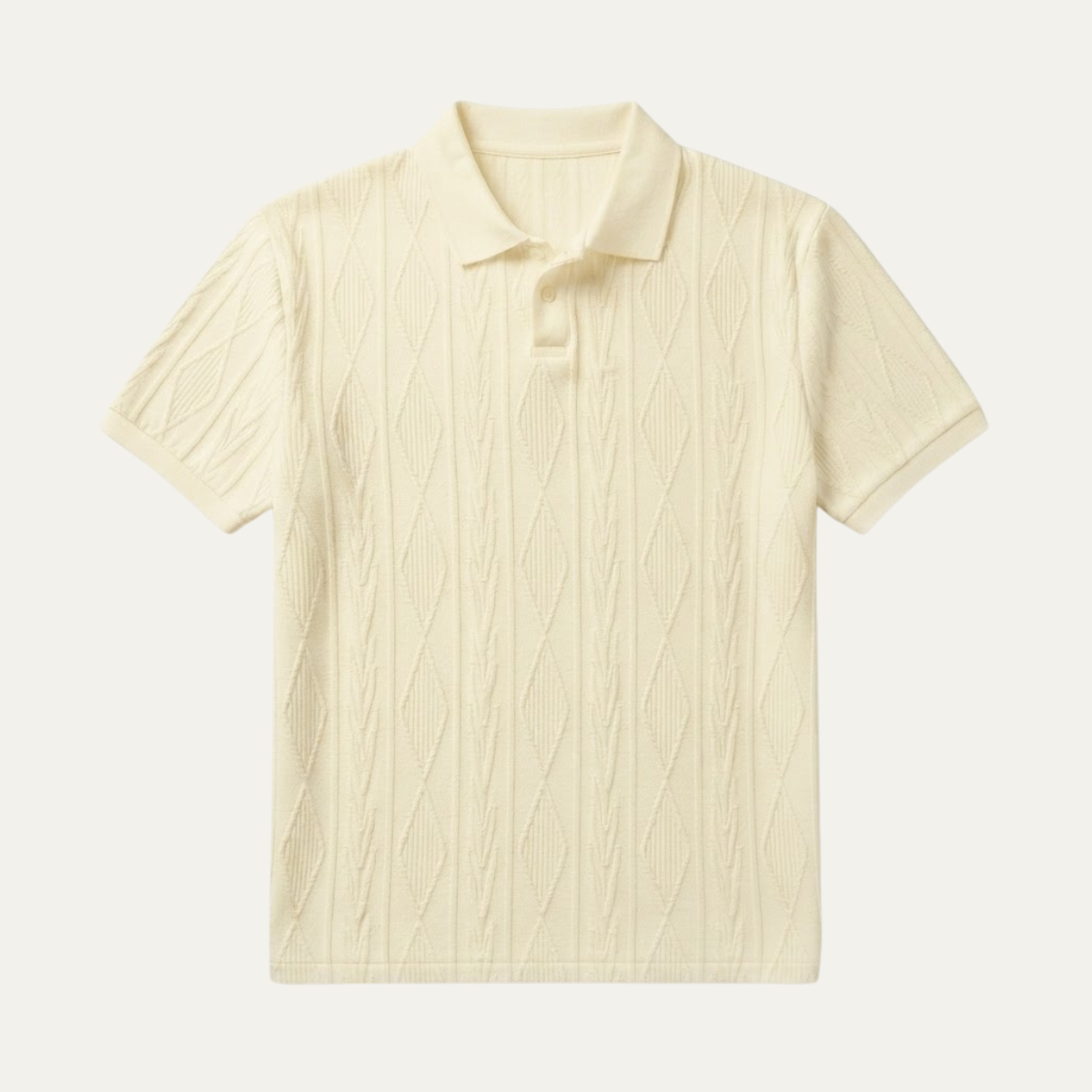 Men's Short Sleeve Polo Shirt with Diamond Texture Pattern and Button Collar