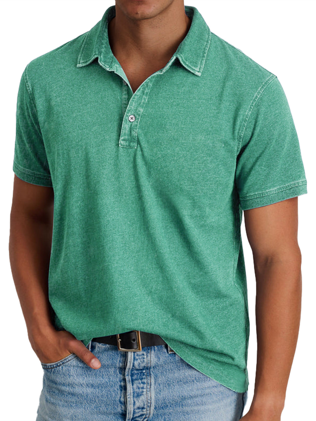 Men's Short Sleeve Polo Shirt with Spread Collar and Washed Finish