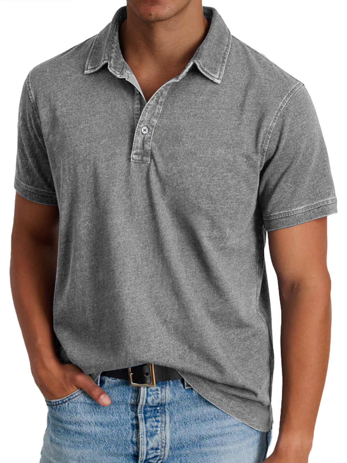 Men's Short Sleeve Polo Shirt with Spread Collar and Washed Finish
