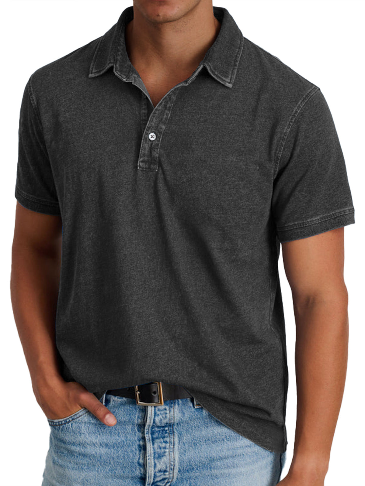 Men's Short Sleeve Polo Shirt with Spread Collar and Washed Finish