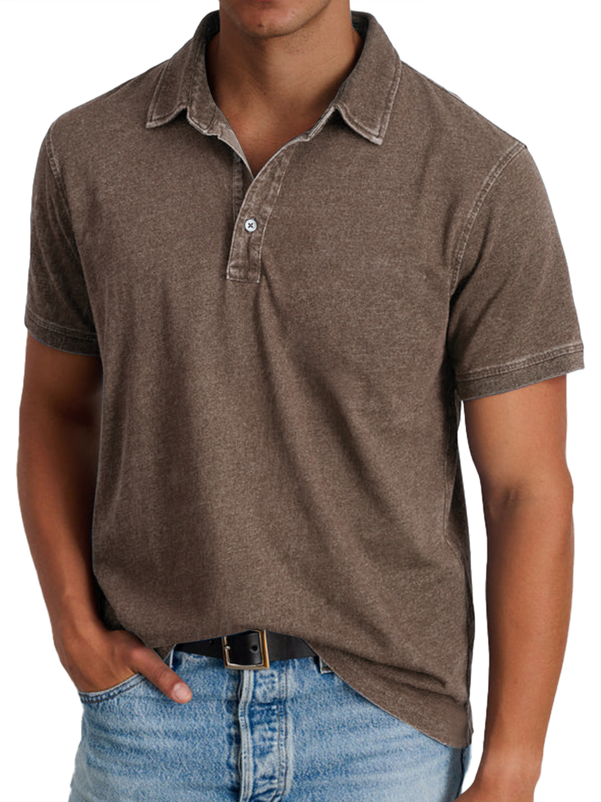 Men's Short Sleeve Polo Shirt with Spread Collar and Washed Finish
