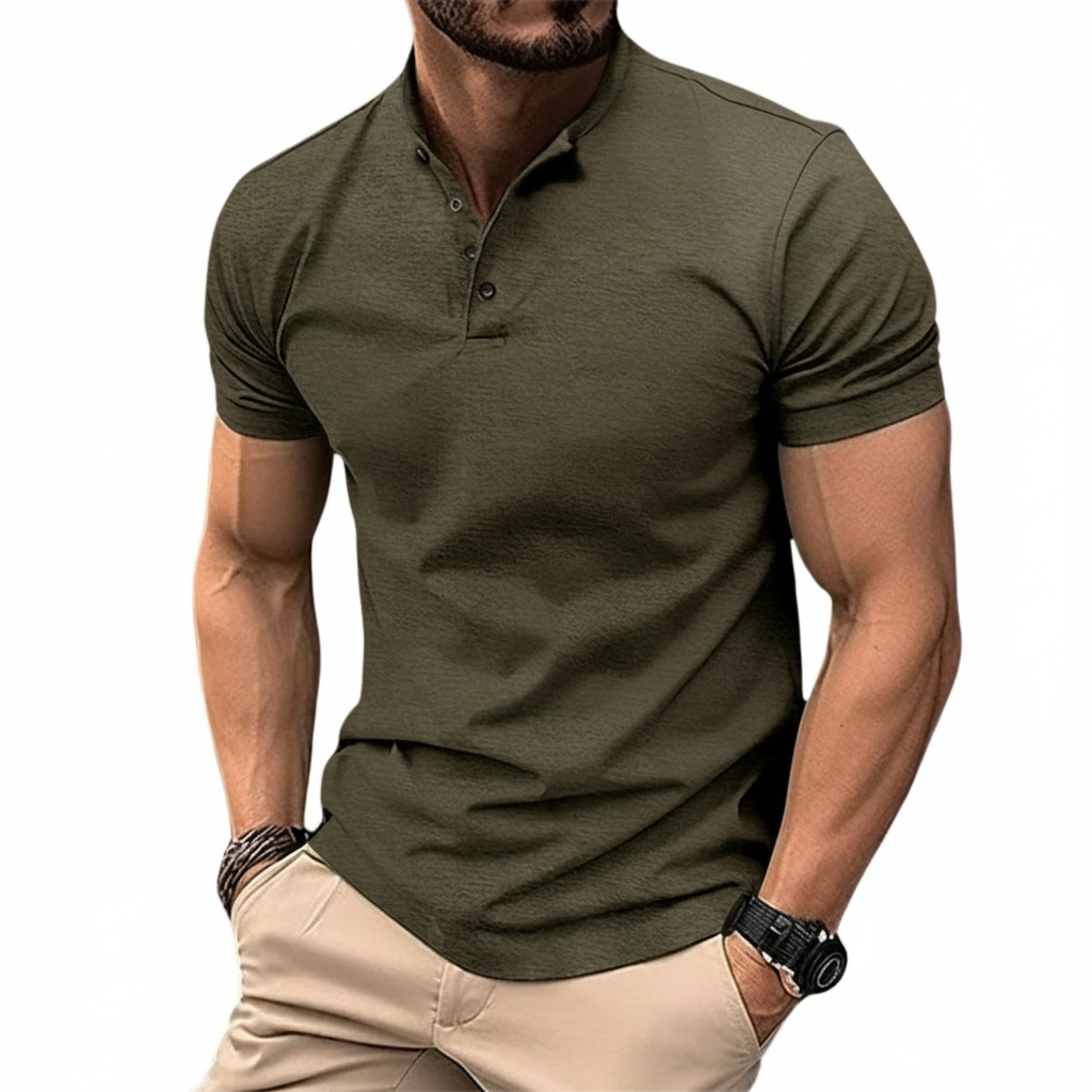 Men's Short Sleeve Polo Shirt with Stand Collar and Button Placket