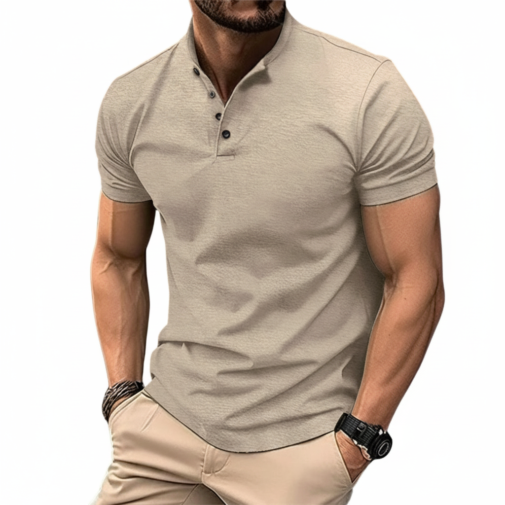 Men's Short Sleeve Polo Shirt with Stand Collar and Button Placket