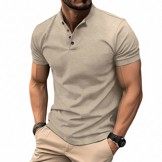 Men's Short Sleeve Polo Shirt with Stand Collar and Button Placket
