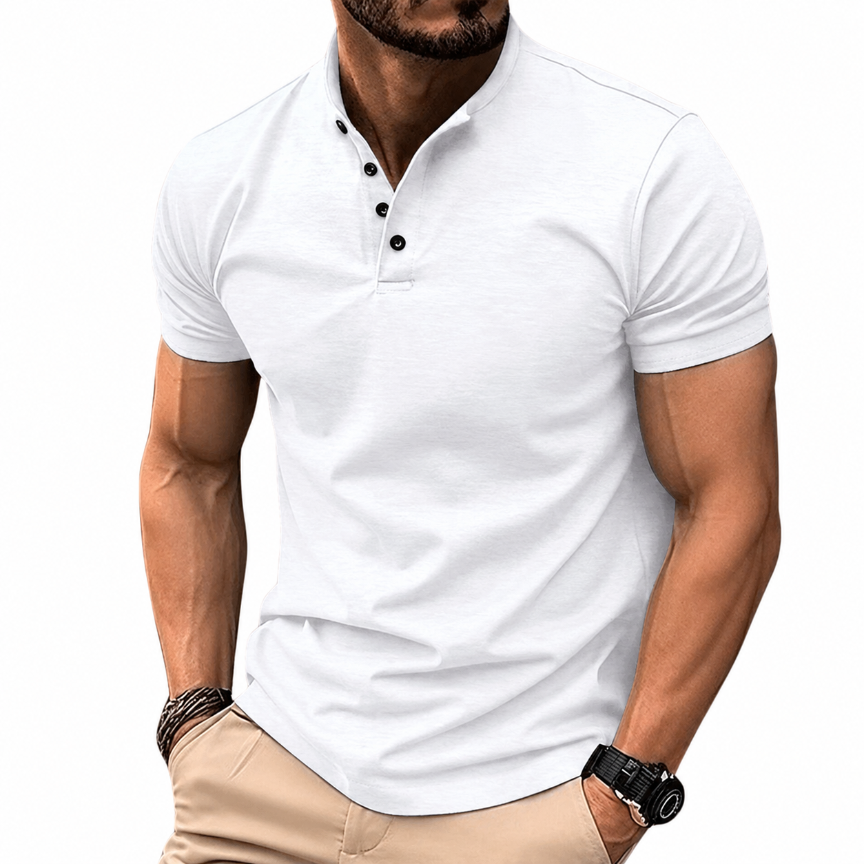 Men's Short Sleeve Polo Shirt with Stand Collar and Button Placket
