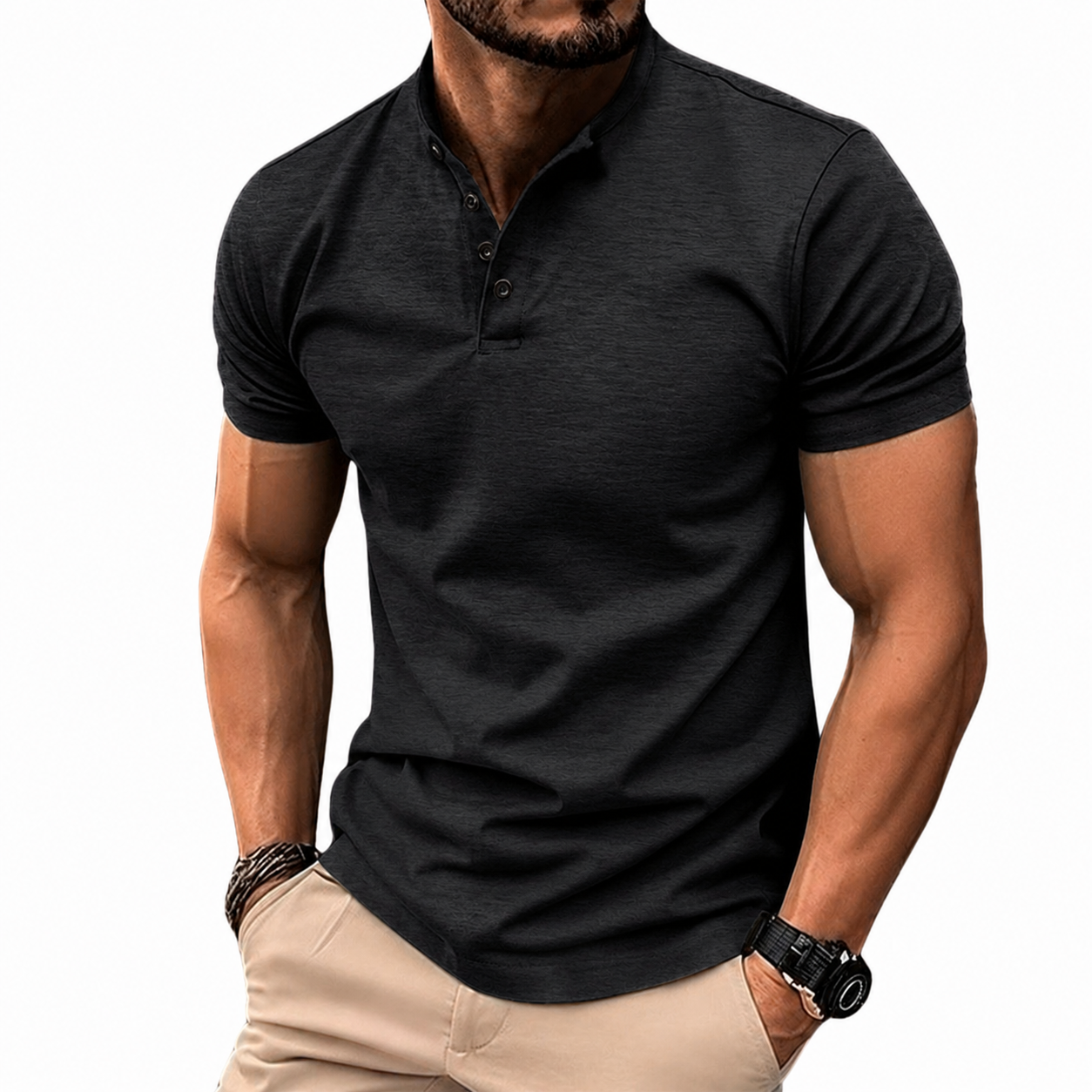 Men's Short Sleeve Polo Shirt with Stand Collar and Button Placket