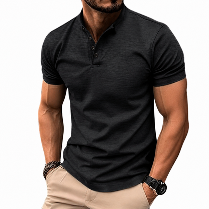 Men's Short Sleeve Polo Shirt with Stand Collar and Button Placket