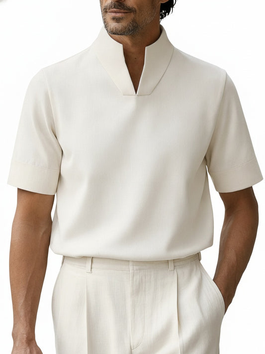 Men's Short Sleeve Polo Shirt with Stand Collar and V-Notch