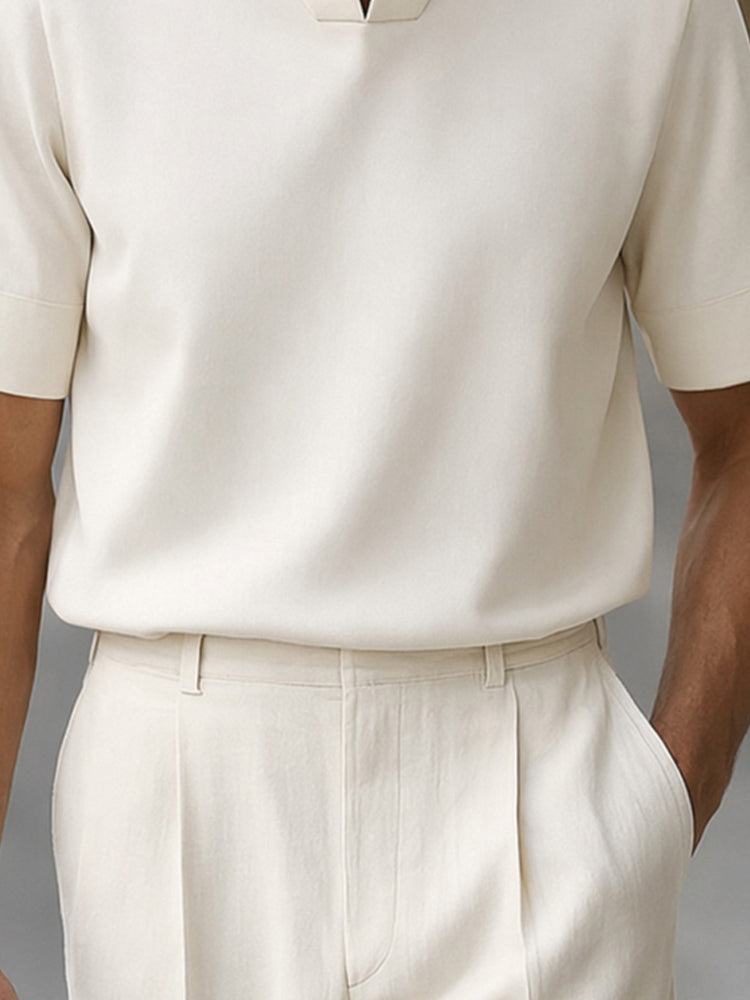 Men's Short Sleeve Polo Shirt with Stand Collar and V-Notch