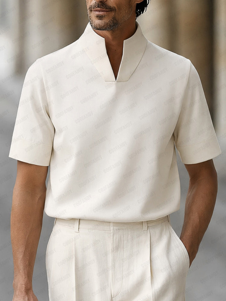 Men's Short Sleeve Polo Shirt with Stand Collar and V-Notch