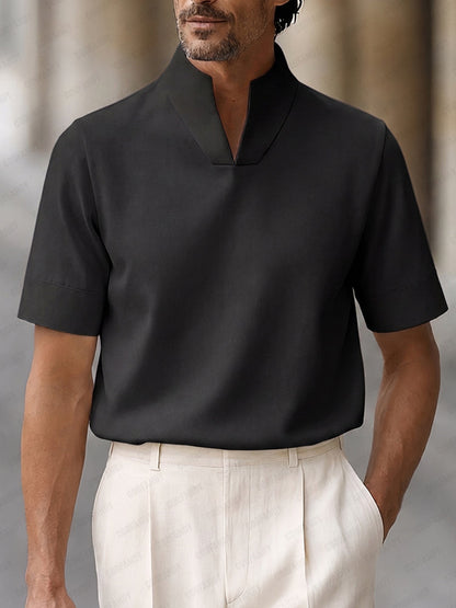Men's Short Sleeve Polo Shirt with Stand Collar and V-Notch