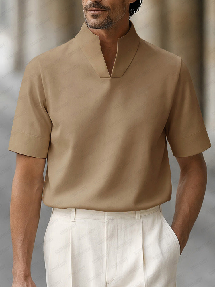 Men's Short Sleeve Polo Shirt with Stand Collar and V-Notch