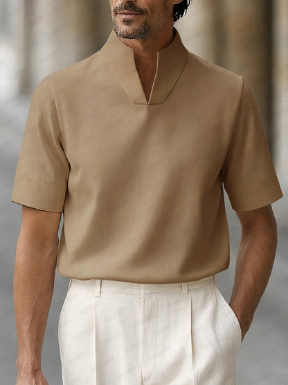 Men's Short Sleeve Polo Shirt with Stand Collar and V-Notch